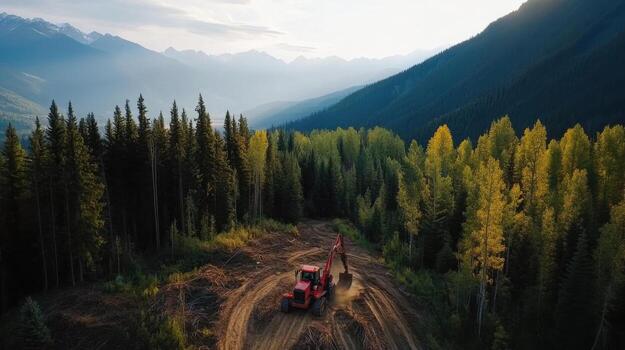 Deforestation scene with machinery clearing trees in mountainous area photo