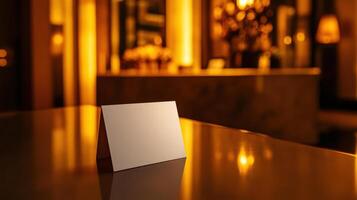 A white square card on a table in a restaurant photo