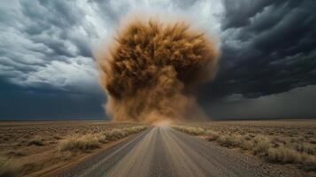 massive dust devil swirls dramatically over desert road, creating intense scene photo