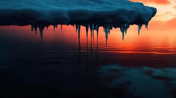 Melting ice cap with icicles reflecting in calm water at sunset photo