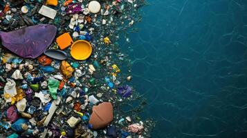 massive garbage patch floating in ocean, showcasing plastic waste and debris photo