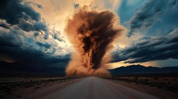 A large cloud of dust is blowing in the desert photo