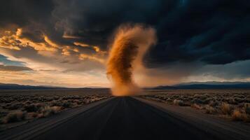 A tornado is blowing dust into the air photo