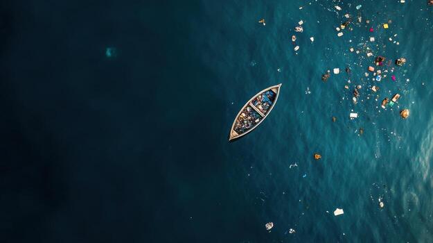 boat surrounded by massive garbage patch in ocean, highlighting pollution photo