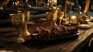 medieval fantasy feast featuring roasted meat wooden table, surrounded by golden goblets and photo