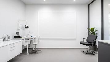 modern medical office featuring clean design, white walls, and minimal furniture photo