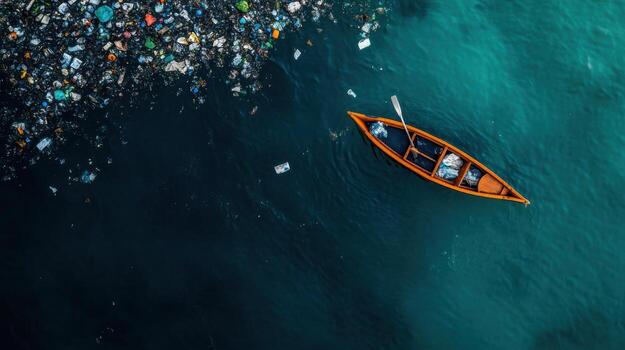 boat navigating through massive garbage patch in ocean, highlighting pollution photo
