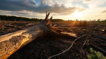 deforestation site with fallen trees and sunset backdrop, showcasing environmental impact photo