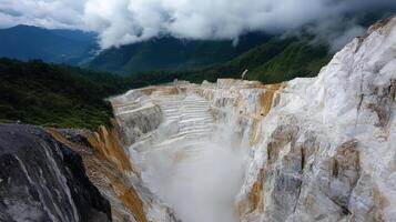 The view from the top of a mountain with white water flowing down photo
