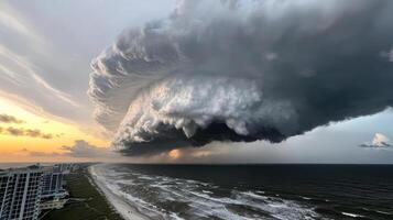 massive storm cloud looms over ocean, creating dramatic scene at sunset photo