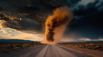 A tornado is blowing dust into the air photo