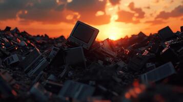 A pile of old computers and monitors at sunset photo