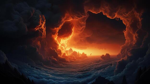 dramatic sunset with fiery clouds and swirling patterns over ocean photo