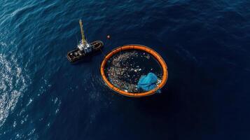 massive garbage patch floating in ocean, filled with debris and waste photo