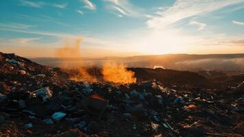 massive dump of electronic waste emitting smoke at sunset photo