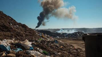 A dumpster with trash and smoke coming out of it photo