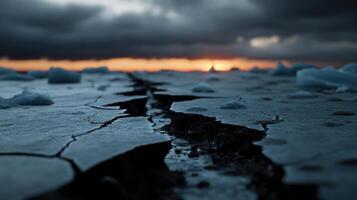 melting glacier with large cracks and drifting icebergs at sunset photo