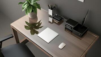 A desk with a computer, mouse and a plant photo