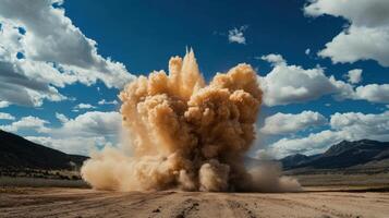 mine explosion sending dust and debris into air under blue sky photo