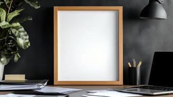 Mock up of a blank white frame on a desk with a laptop and a plant photo