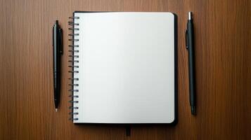 Notebook, pen and pencil on wooden table photo