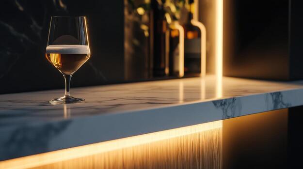 minimalistic and aesthetic beer setup with glass on marble counter photo