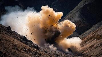 A large explosion is seen in the middle of a mountain photo