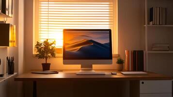 A computer monitor sits on a desk in front of a window photo