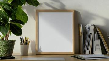 minimalist frame with white blank interior on desk, surrounded by plants and stationery photo
