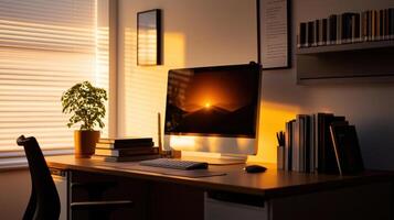 A desk with a computer and a lamp in front of a window photo