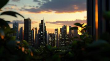 A cityscape with trees and buildings at sunset photo