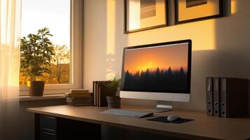 A computer monitor sits on a desk in front of a window photo