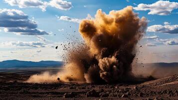 mine explosion sends dust and debris into air, creating dramatic scene photo