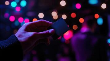 A person holding a black card in front of a crowd of people photo
