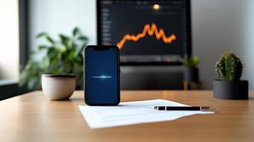 modern home office setup featuring smartphone, financial report, and plants photo