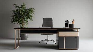 Modern office desk with glass top, potted plant, and stylish chair photo
