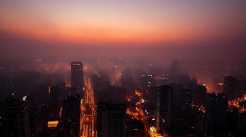 A city at dusk with fog and lights photo