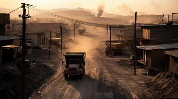mining town with dusty roads and trucks transporting raw materials photo