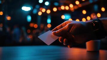 A person holding a business card in front of a table photo