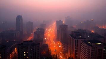 modern metropolis with neon lights and foggy atmosphere at dusk photo