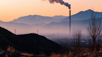 mountain landscape with pollution from factory chimney at sunset photo