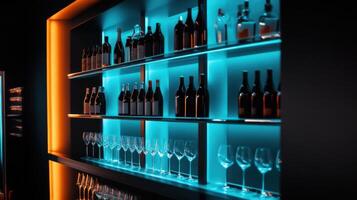 modern bar with neon lighting showcasing wine bottles and glasses photo