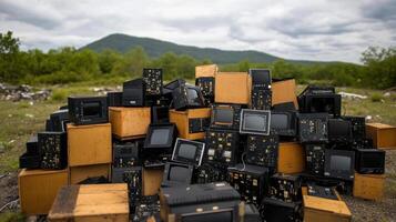 A pile of old televisions sitting on top of a pile of old computers photo