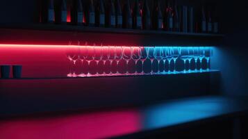 Sleek modern bar with neon lights and elegant wine glasses displayed photo