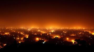 night cityscape with glowing streetlights and hazy atmosphere photo
