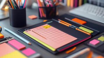 A desk with a notebook, pens, and other office supplies photo