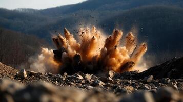 Explosive blast during mountaintop removal mining operation in mountainous area photo