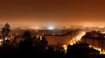 night cityscape with dim streetlights and glowing buildings creates serene atmosphere photo