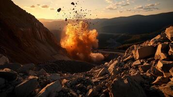 Explosive blast at mining site during sunset, creating dramatic scene photo