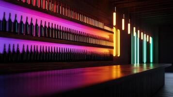 A bar with colorful lights and bottles on the wall photo